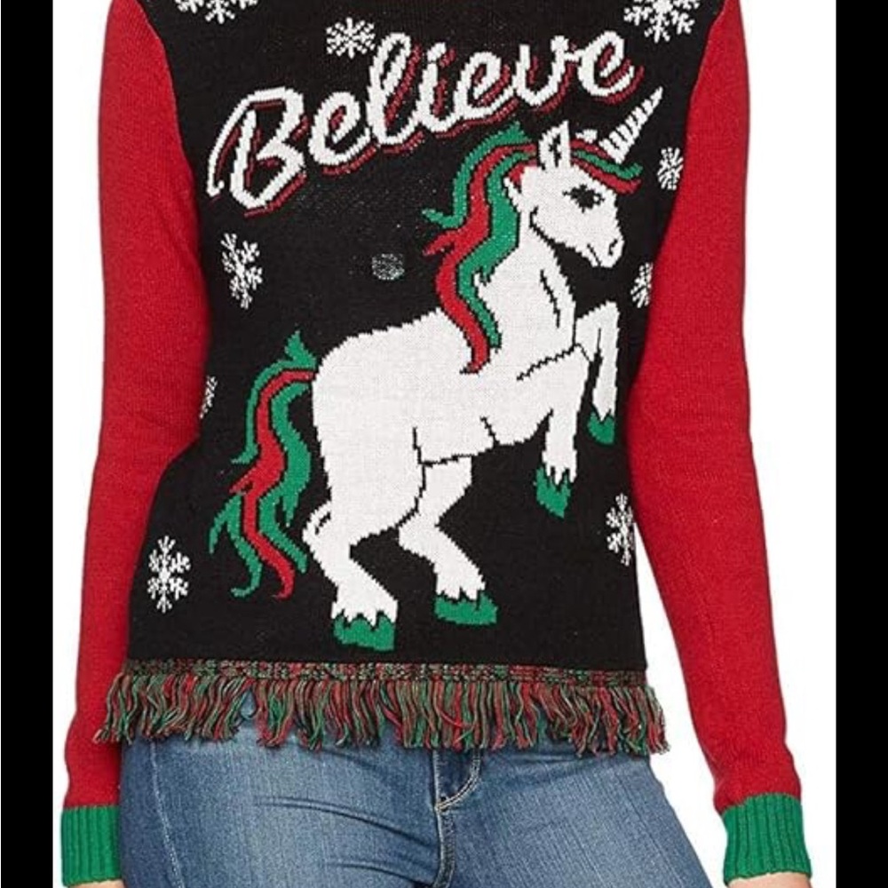 Festive Unicorn Sweater with Red Sleeves